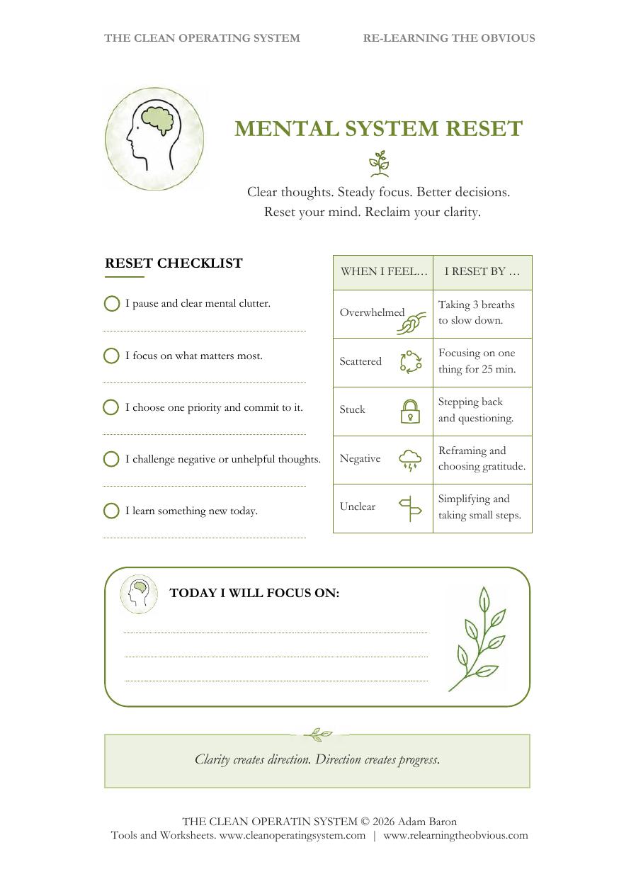 Mental System Reset — one-page worksheet preview