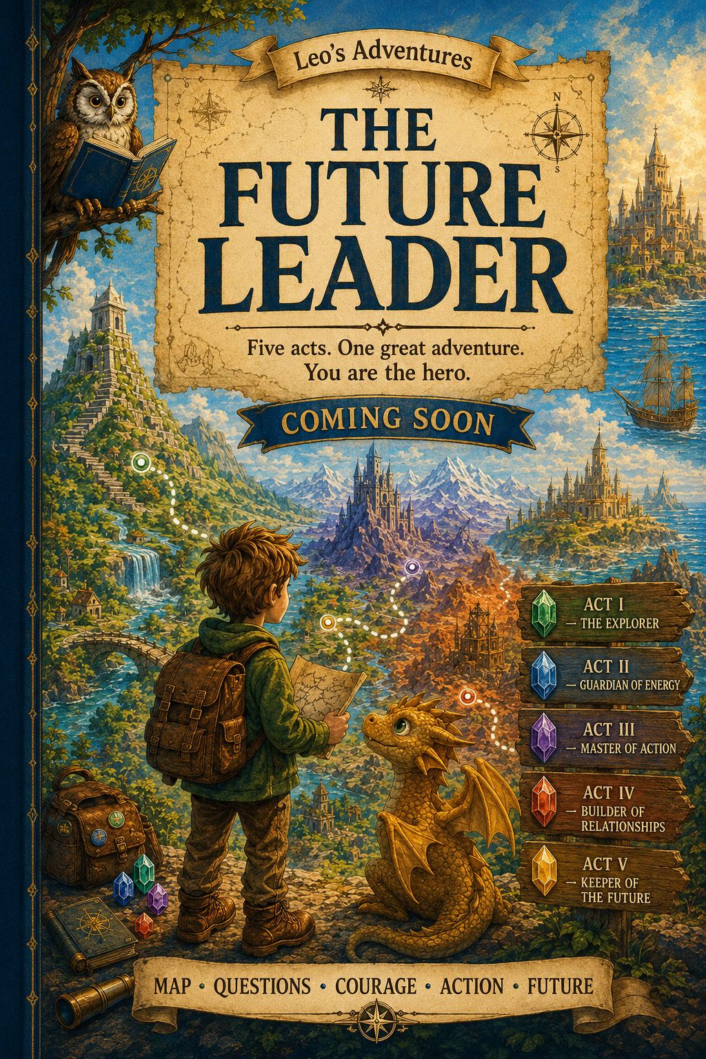 Leo's Adventures: The Future Leader — a children's book cover showing a young explorer with a map, a small dragon, and a magical landscape